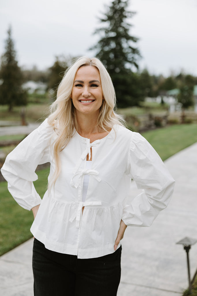 Bow Front Poplin Blouse - White