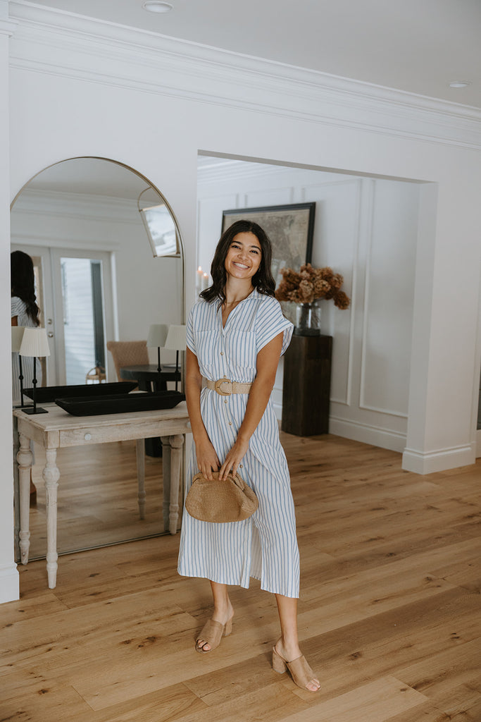 Button Down Striped Dress with Belt - Blue