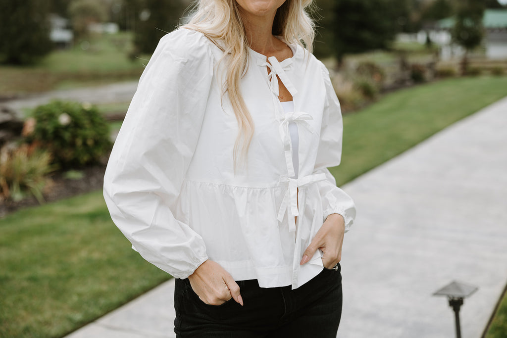 Bow Front Poplin Blouse - White