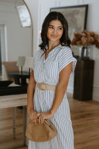 Striped Belted Midi Dress - Blue