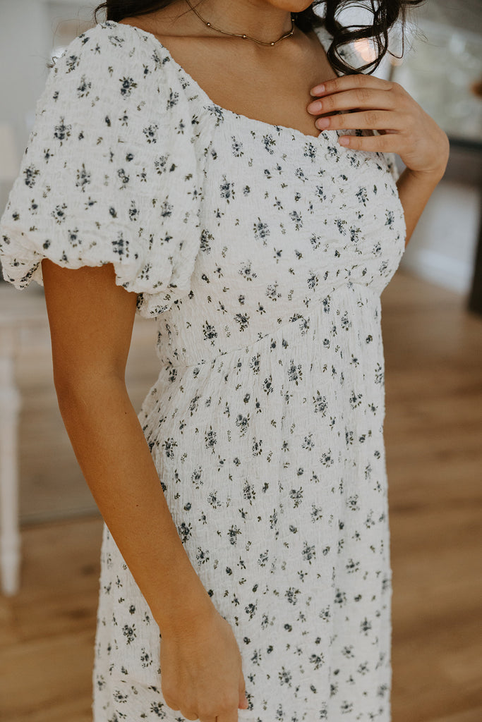 Textured Blue Floral Dress - Blue