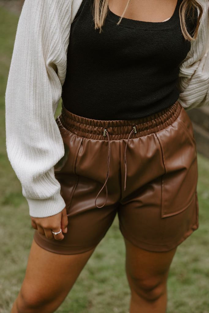 Utility Pocket Faux Leather Short - Brown