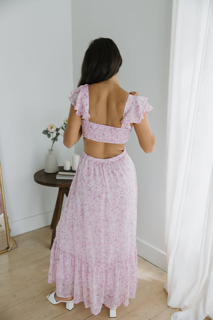 Floral Pleated Cut Out Midi - Pink