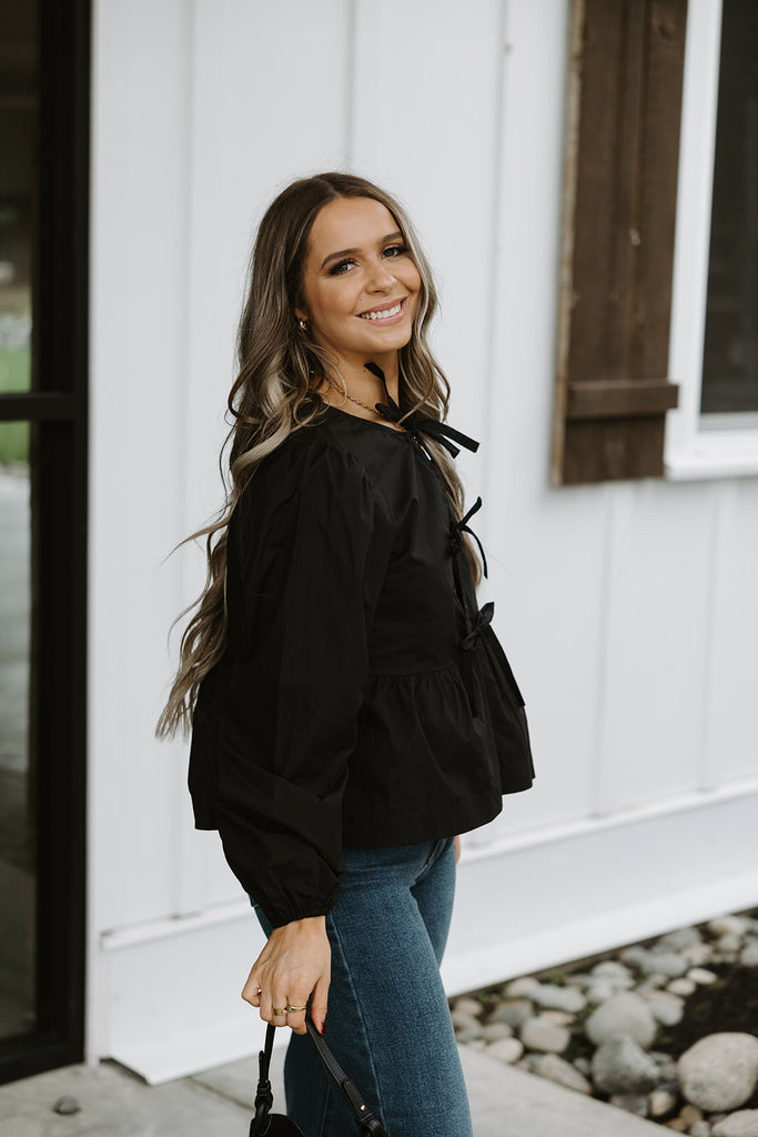 Bow Front Poplin Blouse - Black