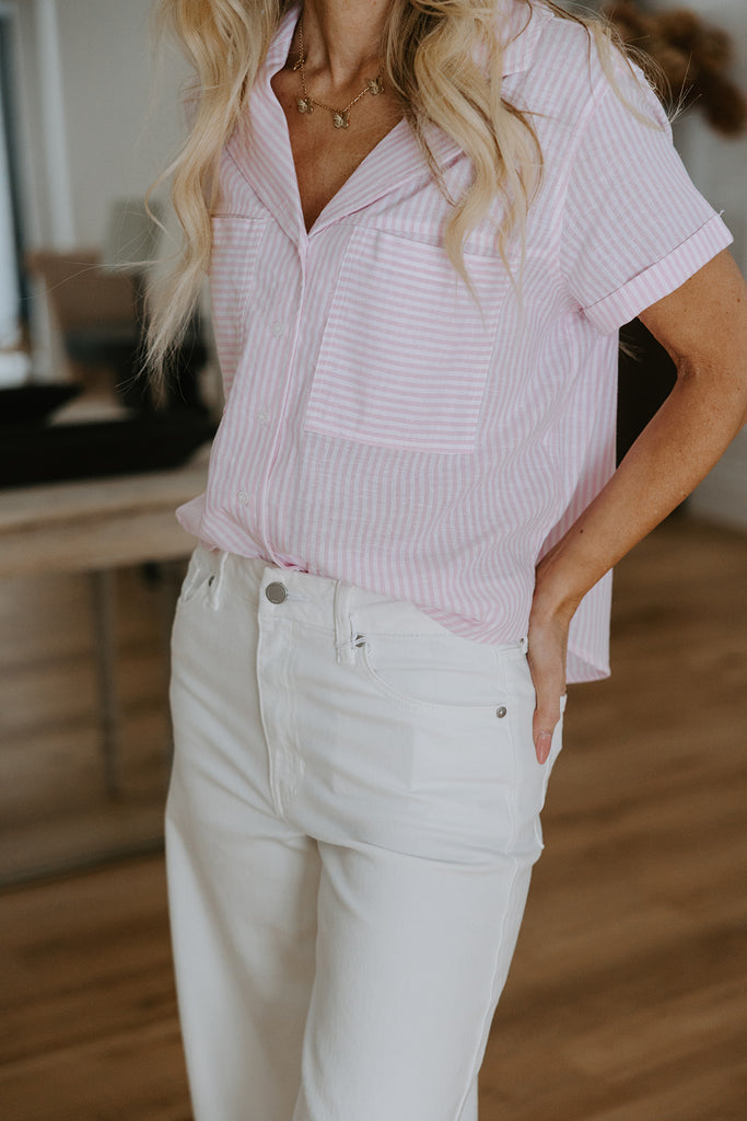 Striped Short Sleeve with Pocket - Pink