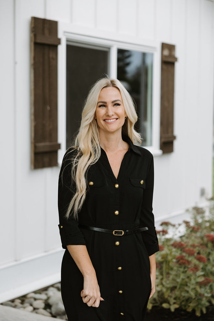 Button Up Belted Dress - Black