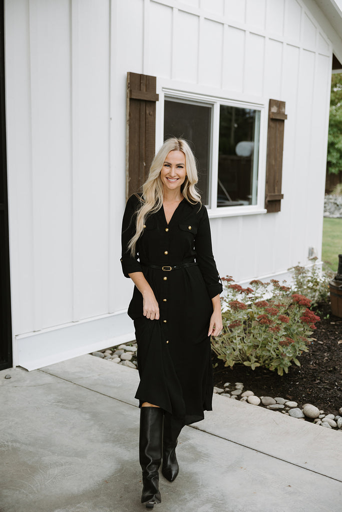 Button Up Belted Dress - Black