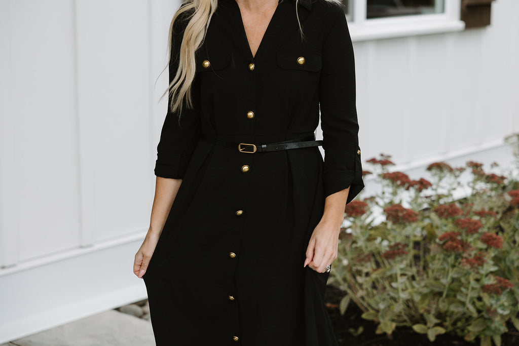 Button Up Belted Dress - Black