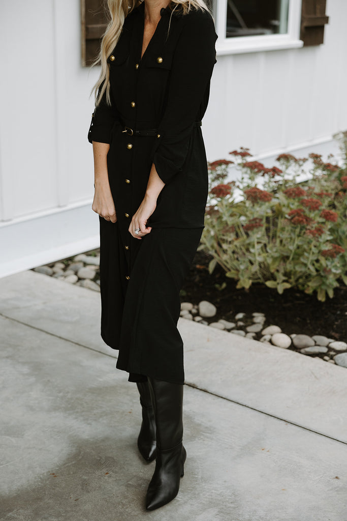 Button Up Belted Dress - Black