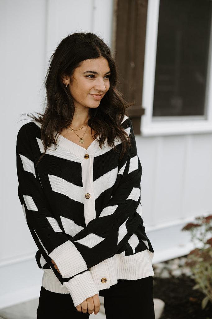 Black And Cream Patterned Cardigan