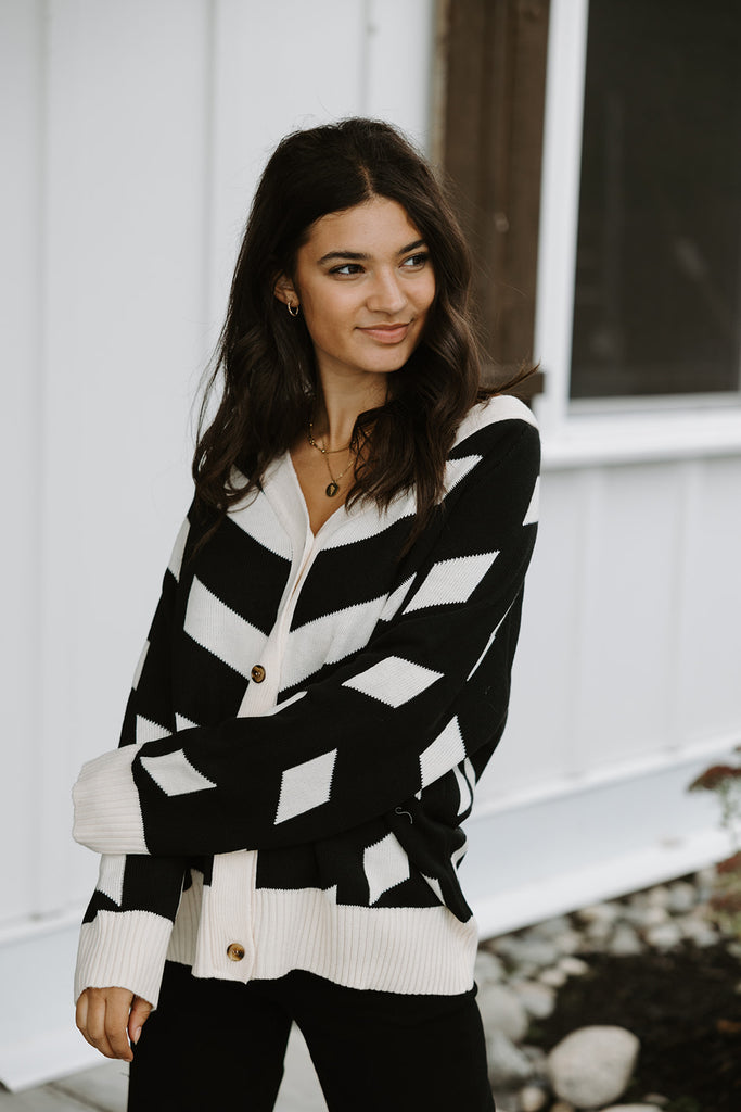 Black And Cream Patterned Cardigan