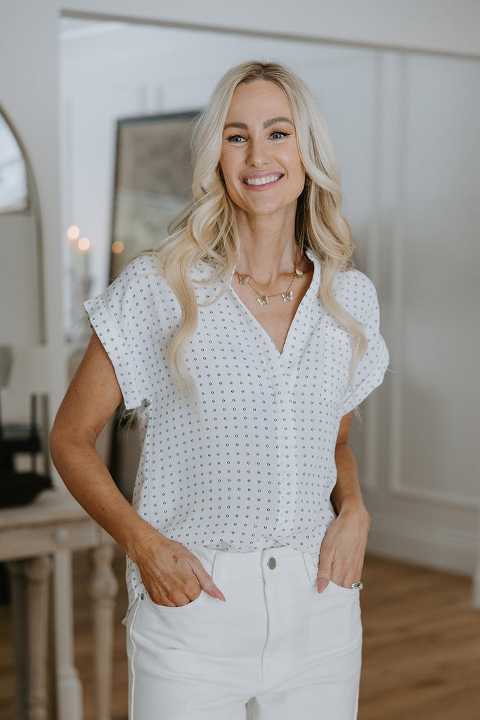 Button Up Blouse With Navy Print - White