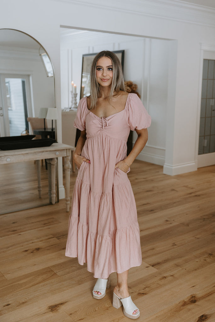 Front Ruched Balloon Sleeve Midi - Pink