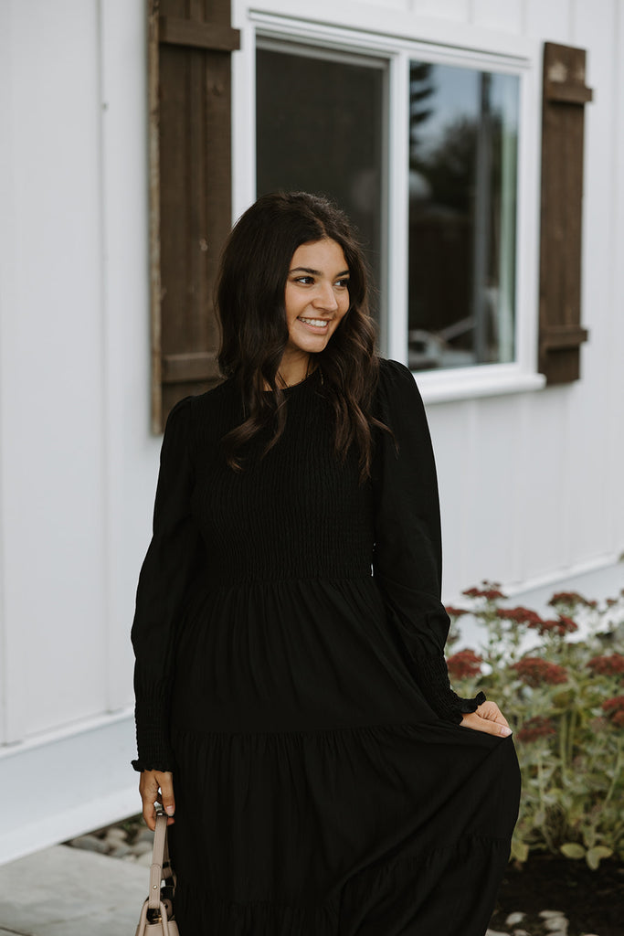 Smocked Tiered Dress - Black