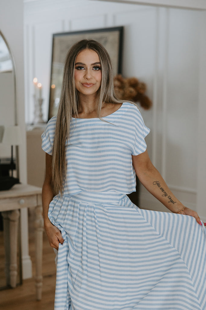 Striped Top & Skirt Set - Blue