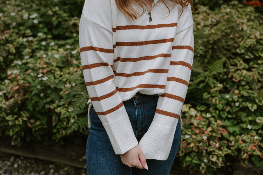 Striped Zip Up Sweater - Ivory/Camel