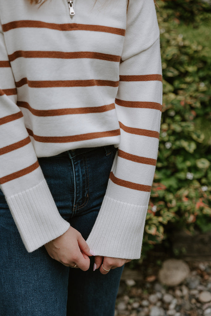 Striped Zip Up Sweater - Ivory/Camel