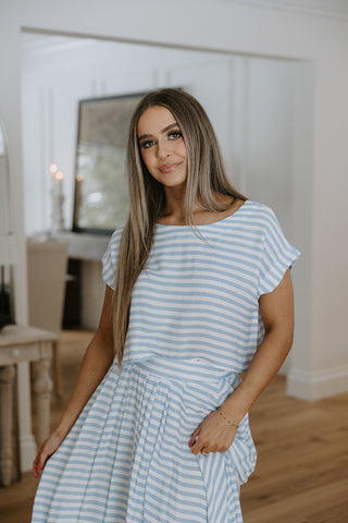 Striped Belted Midi Dress - Blue