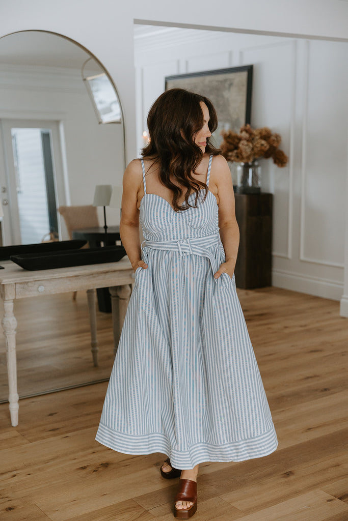 Striped Belted Midi Dress - Blue