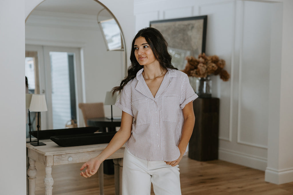 Striped Short Sleeve W/ Pocket - Taupe