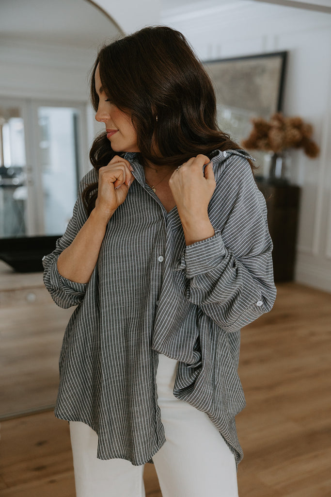 Striped Lightweight Oversized Button Up (Blk/Wht)