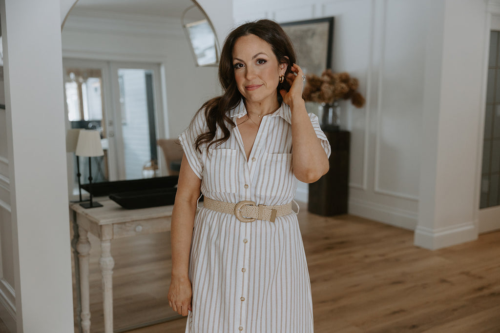 Button Down Striped Dress with Belt - Taupe