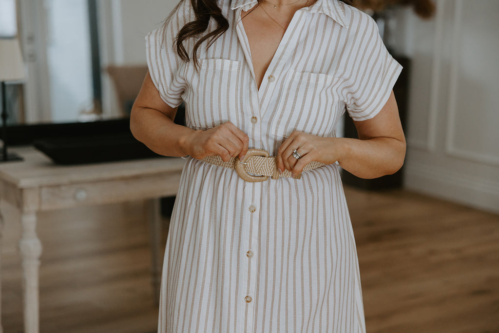 Button Down Striped Dress with Belt - Taupe