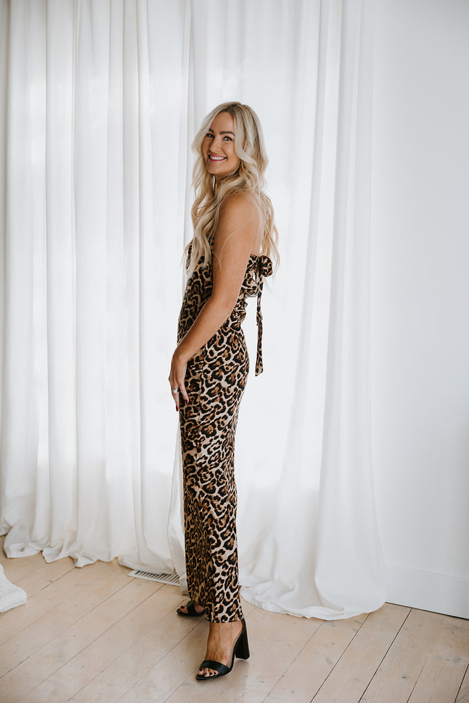 Strapless Leopard Midi Dress