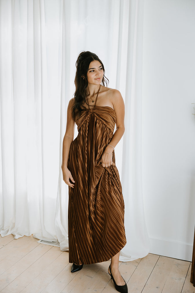 Pleated Halter Midi - Bronze