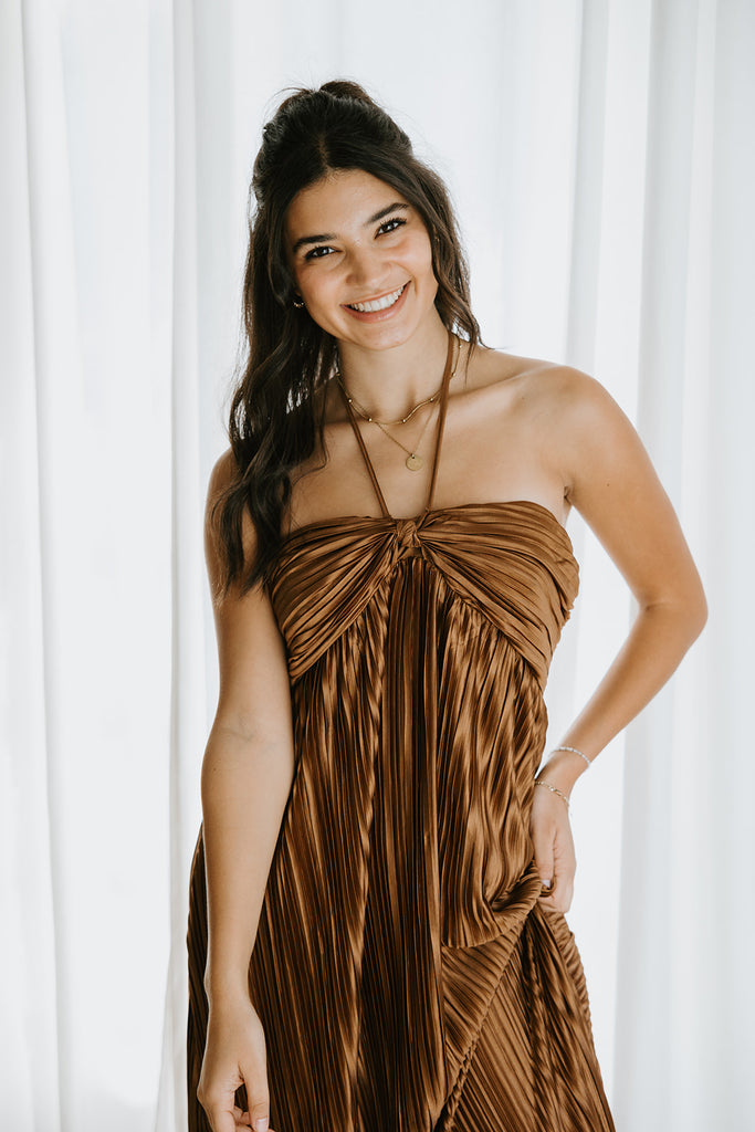 Pleated Halter Midi - Bronze