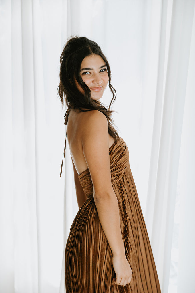 Pleated Halter Midi - Bronze