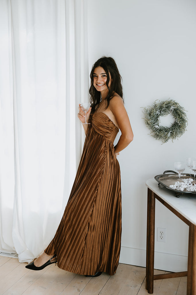 Pleated Halter Midi - Bronze