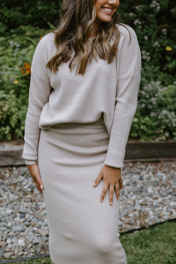 Waffle Sweater and Skirt Set - Stone