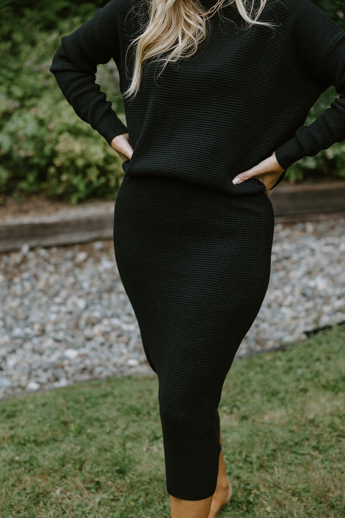 Waffle Sweater and Skirt Set - Black