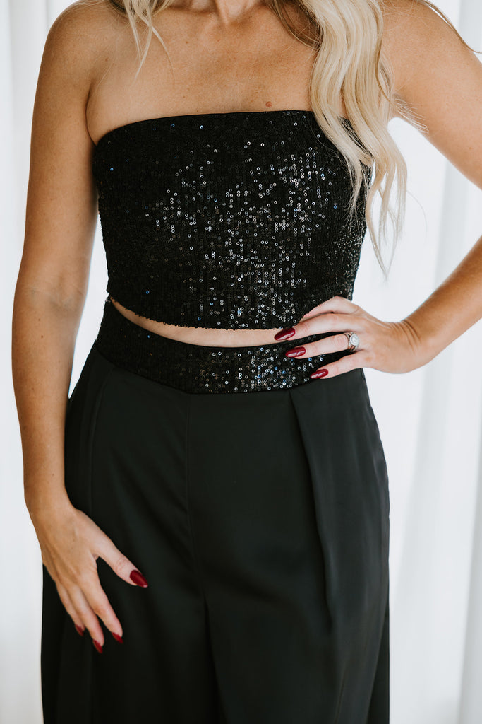 Sequin Tube Top And Pant Set - Black