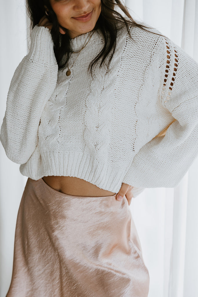 Cable Knit Crop Sweater - Ivory