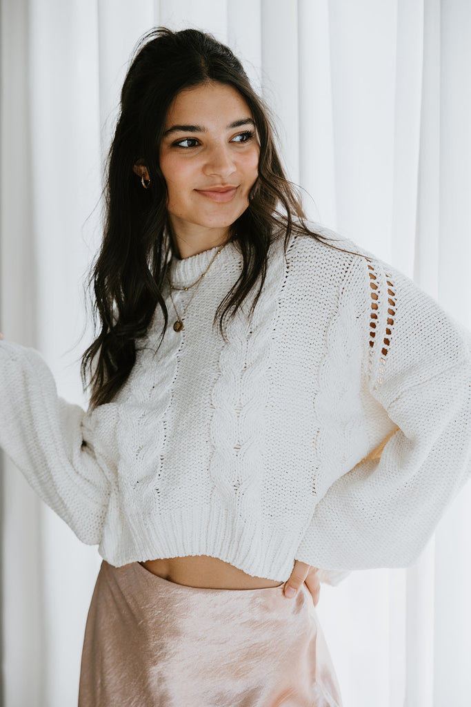 Cable Knit Crop Sweater - Ivory