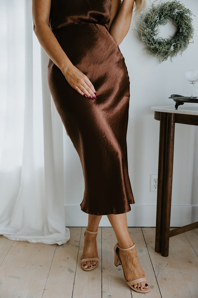 Satin Midi Skirt with Elastic - Chestnut