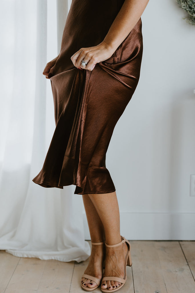 Satin Midi Skirt with Elastic - Chestnut