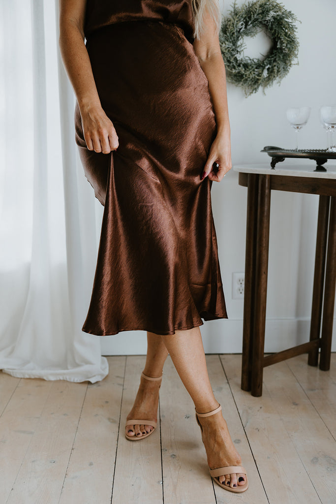 Satin Midi Skirt with Elastic - Chestnut