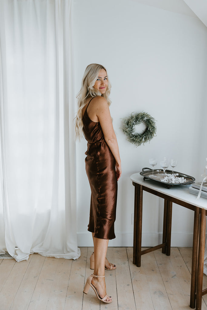 Satin Midi Skirt with Elastic - Chestnut