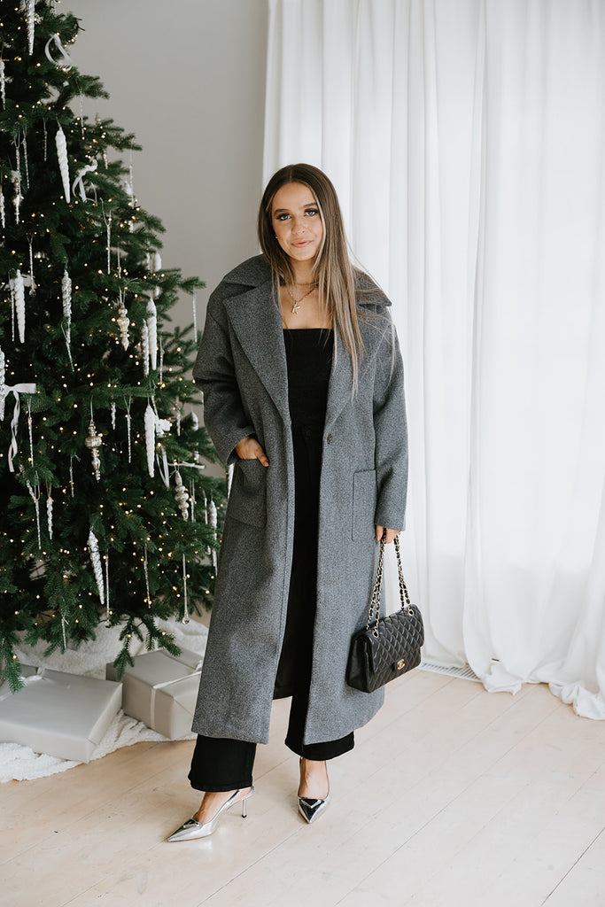 Classic Long Dress Coat - Charcoal