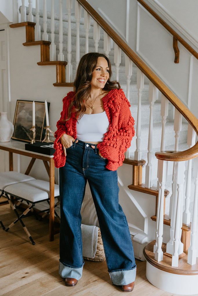 Heart Pom Pom Open Cardigan - Red