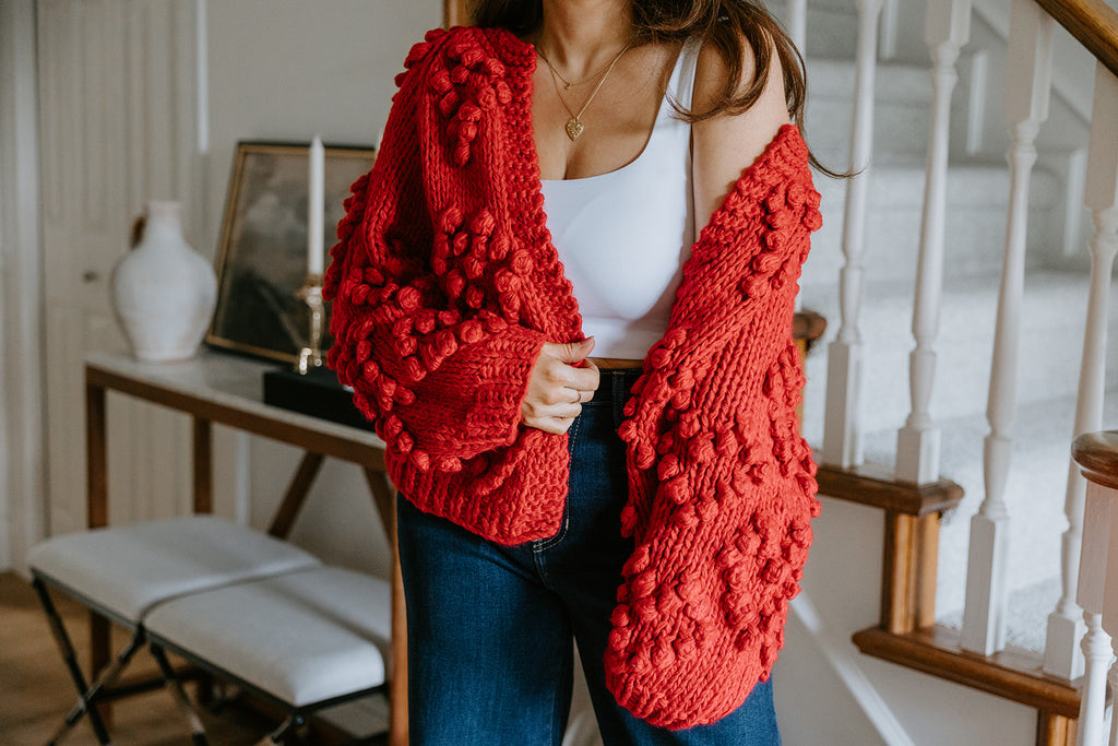 Heart Pom Pom Open Cardigan - Red