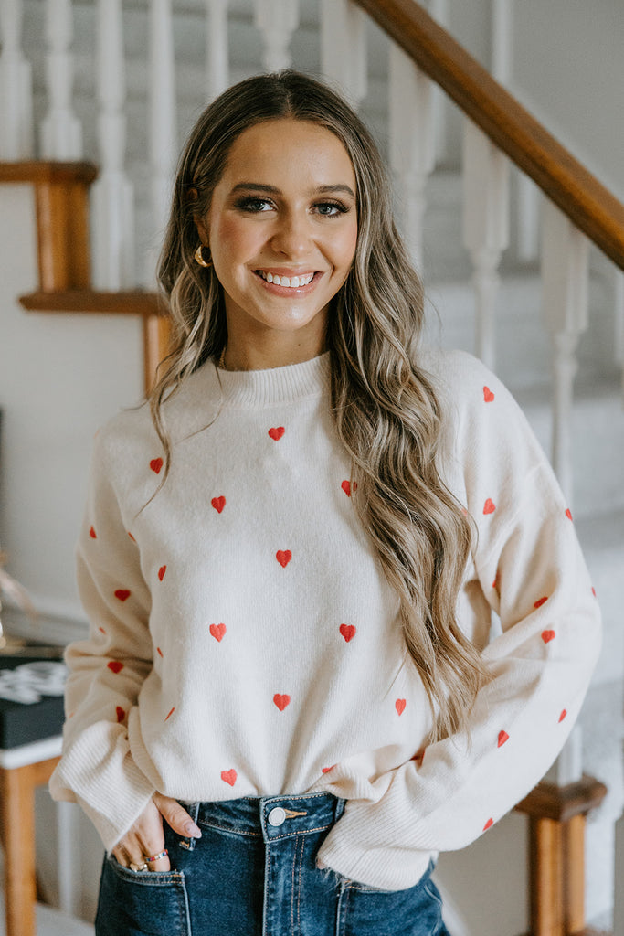 Heart Embroidered Sweater - Cream/Red