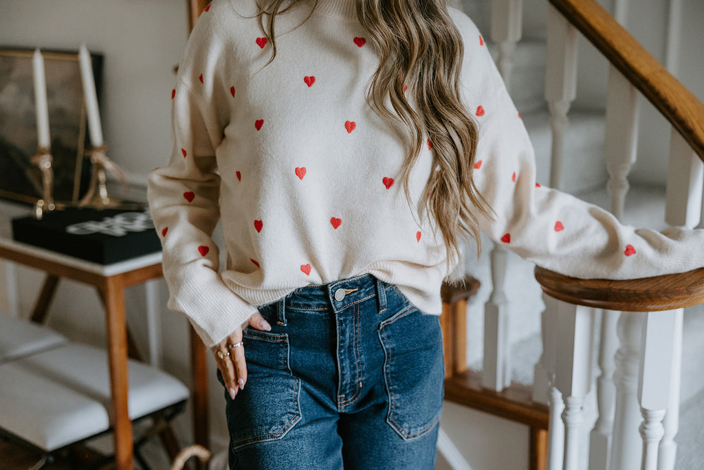 Heart Embroidered Sweater - Cream/Red