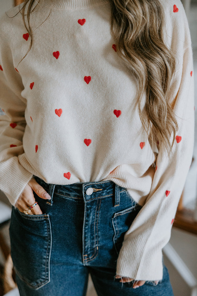 Heart Embroidered Sweater - Cream/Red