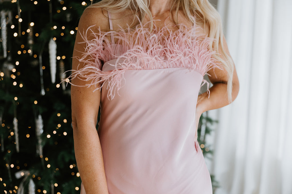 Feather Detail Slip Dress - Pink