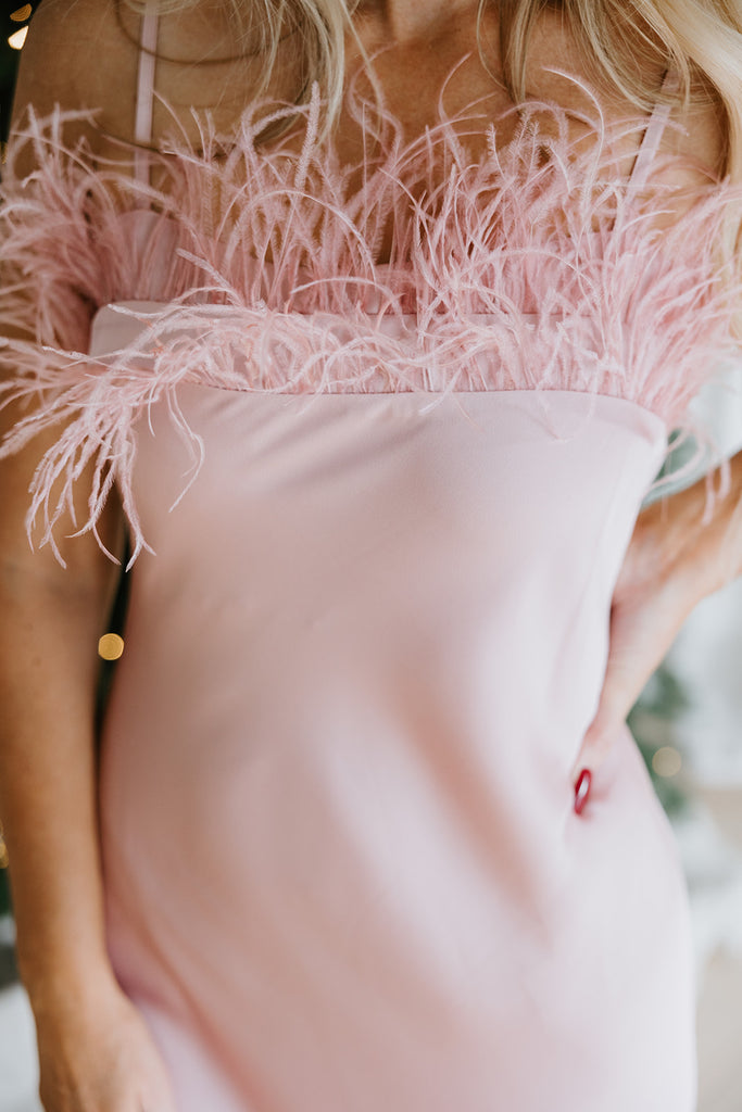 Feather Detail Slip Dress - Pink