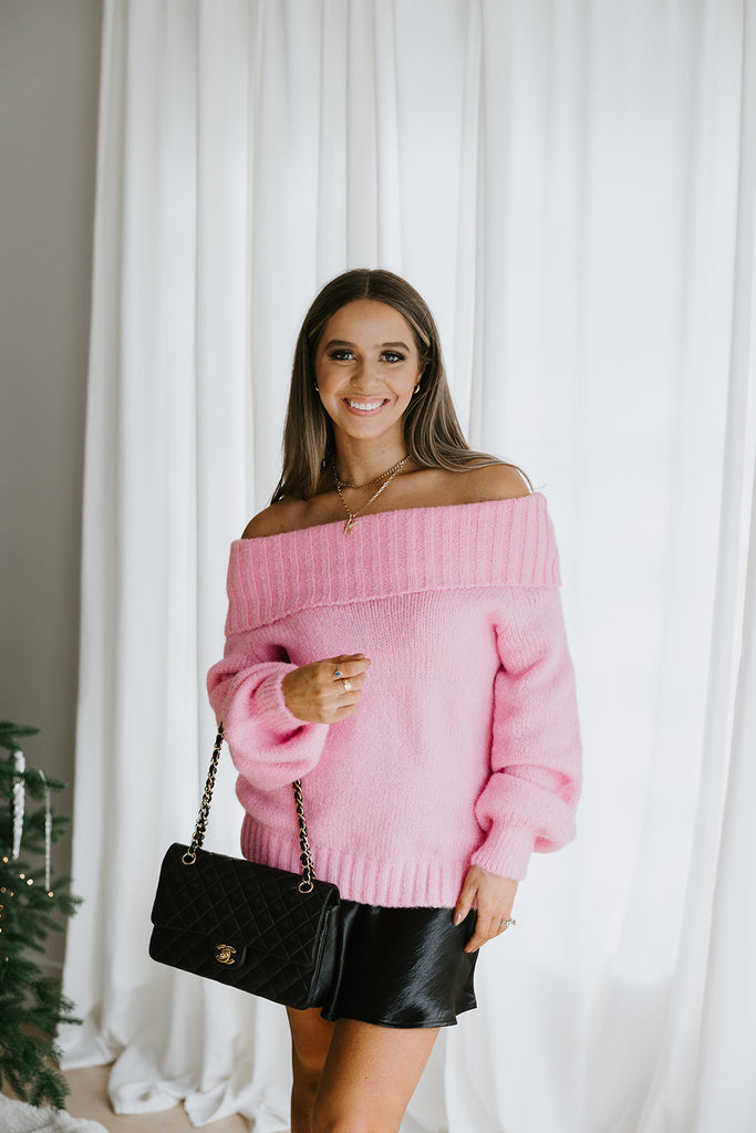 Off Shoulder Holiday Sweater - Pink